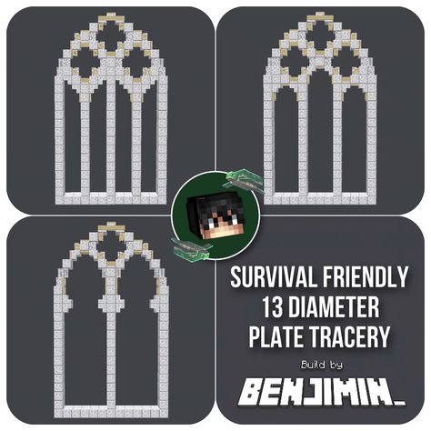 SURVIVAL FRIENDLY! 13 block wide gothic plate tracery windows in Minecraft! 💪🏻 Some more survival friendly designs for you lovely peeps. Not the cleanest due to the limitations of survival friendly creation, but still pretty dope, don’t you think? ✨ Which one do you like the most? Swipe for full pictures ➡️ Show some love and support if you like what you see <3 _____________________________________ 🪷FOLLOW me @Official_Benjimin for more! 🌱COMMENT to tell me what you think! 🌿LIKE and SA... Minecraft Cathedral Windows, Minecraft Gothic Window, Minecraft Gothic Castle, Minecraft Cathedral, Minecraft Details, Minecraft Spawn, Minecraft Kingdom, Minecraft Building Guide, Gothic Window