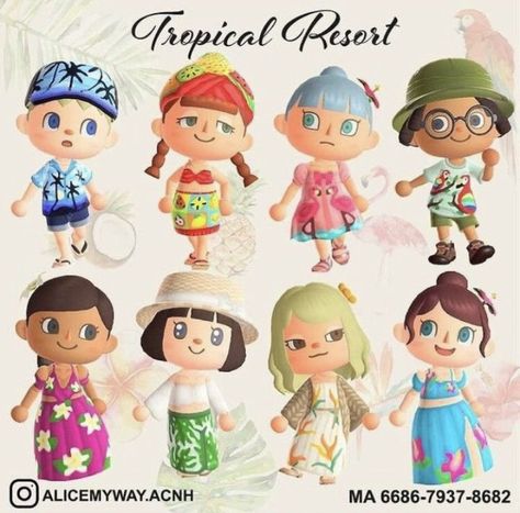 Tropical Clothes, Tropical Outfits, Ac New Leaf, Animal Crossing Guide, Tropical Outfit, Acnh Design, Animal Crossing Qr Codes Clothes, Animal Crossing Wild World, Island Theme