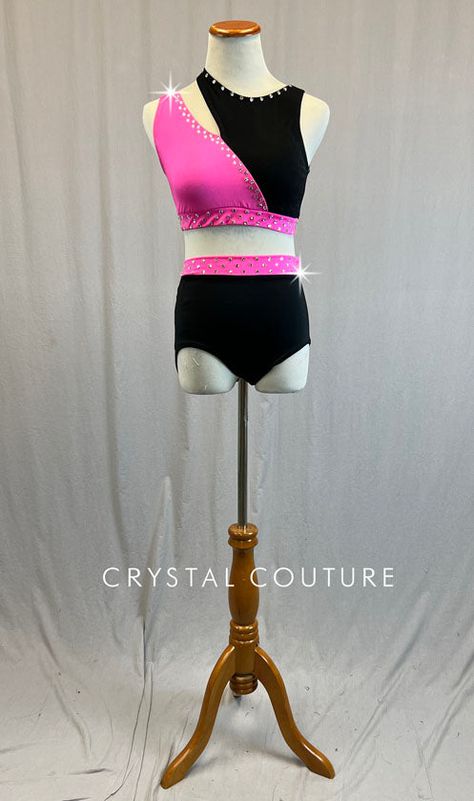 Asymmetrical top has Hot Pink right side and Black mesh left side. Trunks are Black with Hot Pink waistband. 2 Gross of Crystal 30ss Rhinestones! Custom made by The Line Up! *Accessories Include: Mesh Unlined Bike Shorts. **Costume in image is an AM, Photographed on an AS/AM Mannequin with Measurements of: Bust 35", Ribcage 30", Waist 25", Hip 34", Girth 57" Pink Dance Costumes, Ella Jane, Baggy Clothing, Lyrical Dresses, Jazz Costumes, Costume Inspo, Black Hot Pink, Costumes For Sale, Clothing Inspiration