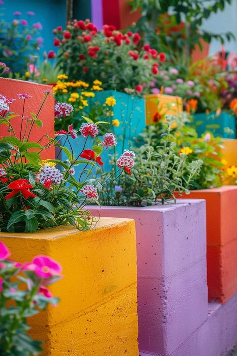 Colorful Cinder Block Garden Projects I Love Cinder Block Gardens, Cinder Block Shelf Outdoor, Painted Cinder Block Garden, Block Garden Ideas, Cinder Block Garden Ideas, Cinder Block Shelves, Cinder Blocks Diy, Cinder Block Bench, Cinder Block Fire Pit