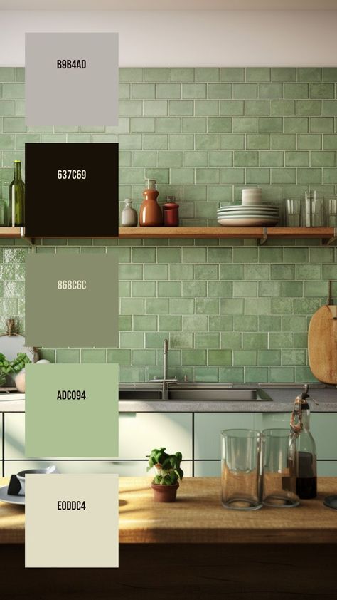 Colors: B9B4AD ° 637C69 ° 868C6C ° ADC094 ° E0DDC4 Green Tile Kitchen, Kitchen Color Palette Ideas, Kitchen Color Palette, Modern Kitchen Set, Kitchen Color Palettes, Green Subway Tile, Dining Counter, Green Backsplash, Elegant Place