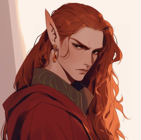 Female Qunari Art, Autumn Eladrin Male, Red Hair Elf, Long Red Hair, Anime Wolf, Dragon Age, Dnd Characters, Character Portraits, Cute Characters