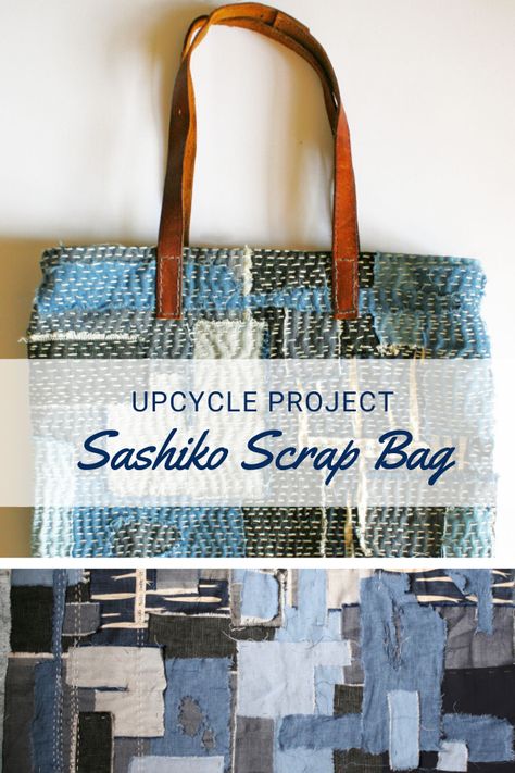 Sashiko Scrap Bag – Upcycle Project – Sewing With Scraps Sewing With Scraps, Pincushion Tutorial, Upcycled Tote, Tote Tutorial, Floral Wall Hanging, Thread Catcher, Denim Scraps, Minimalist Tote Bag, Tutorial Sewing