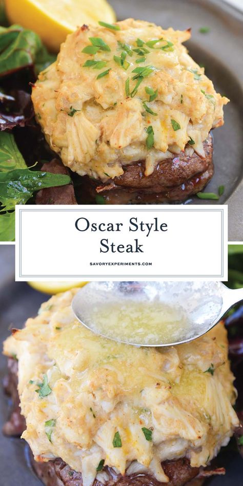 Steak With Seafood Topping, Filet Toppings, Meaty Meals Dinners, Lobster Stuffed Beef Tenderloin, Crab Stuffed Tenderloin, Crabmeat Topping For Steak, Crab Topped Steak, Filet Mignon Toppings, Steak Oscar With Lobster