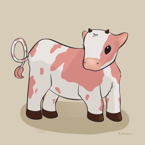 A cow with pink markings looking over its shoulder with the front leg slightly raised. Pink Cow Drawing, Strawberry Cows, Strawberry Milk Cow, Friends Of Mineral Town, Milk Cows, Cow Illustration, Cow Drawing, Strawberry Cow, Pink Mushroom