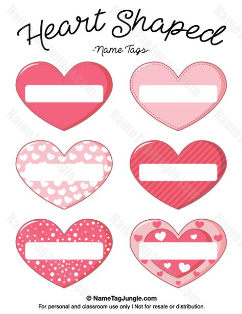 Free printable heart-shaped name tags. The template can also be used for creating items like labels and place cards. Download the PDF at http://nametagjungle.com/name-tag/heart-shaped/ Cubby Name Tags, Cubby Tags, Valentine Name, Name Tag Templates, Tag Templates, About Heart, Shape Names, Free Printable Tags, Heart Printable