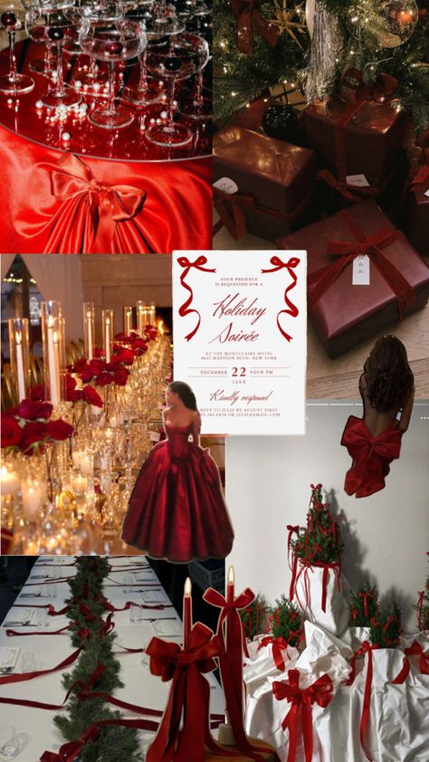 Red bow Christmas party aesthetic vibes Red Bow Party Decor, Christmas Hosting Ideas Decor, Christmas Gala Aesthetic, Galsmas Christmas Party, Christmas Party Luxury, Red Coquette Christmas, Christmas Birthday Party Aesthetic, Girls Christmas Party Aesthetic, Red Christmas Party Theme