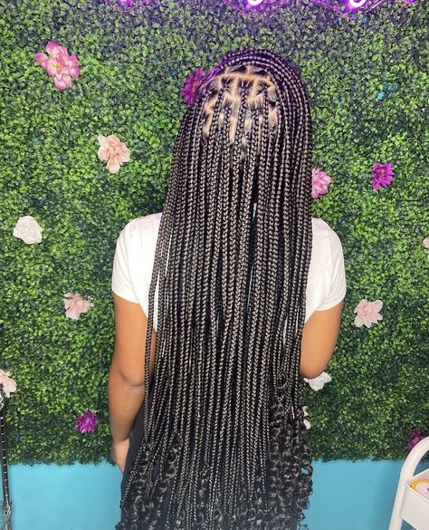 Shmedium Knotless Braids Long With Curls, Medium Knotless Braids Waist Length, Small Knotless Braids With Curly Ends, Holiday Braids, Braids With Curly Ends, Locs Styles, Cute Box Braids, Quick Natural Hair Styles, Single Braids