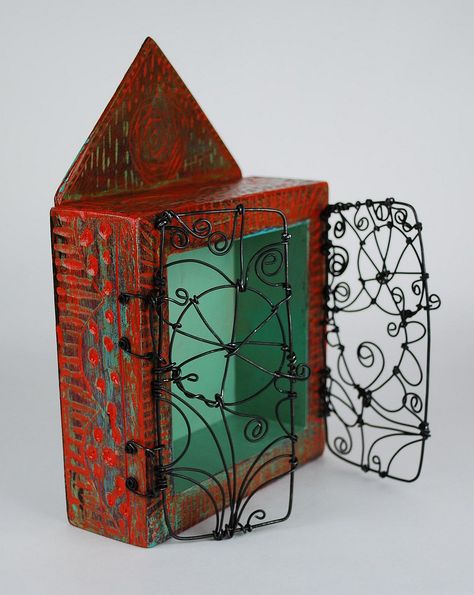 https://flic.kr/p/aNrt2X | shrine3-side-gilhooly | Bloom Shrine  9" x 6" x 2" wood, wire, carving and acrylic (c) 2011 Barbara Gilhooly  I love to make boxes! These are shrines I made for our upcoming "HANNA_HOOLY" Holiday Open House. The wire doors open and each has a different theme. They stand or hang on the wall. I envision them holding a dear treasure!  www.barbaragilhooly.com Wire Doors, Wall Shrines, Shrines Box, Holiday Open House, Shrines Art, Cardboard Sculpture, How To Make Box, Artful Home, Assemblage Art