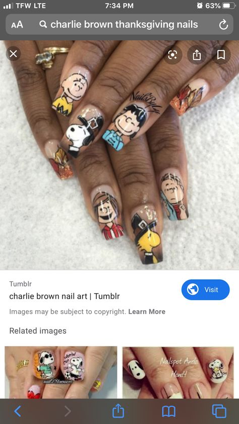 Charlie Brown Nail Art, Thanksgiving Character Nails, Charlie Brown Nails Christmas, Charlie Brown Nails Thanksgiving, Snoopy Nails Thanksgiving, Charlie Brown Thanksgiving Nails, Peanuts Nails, Charlie Brown Nails, Snoopy Nails