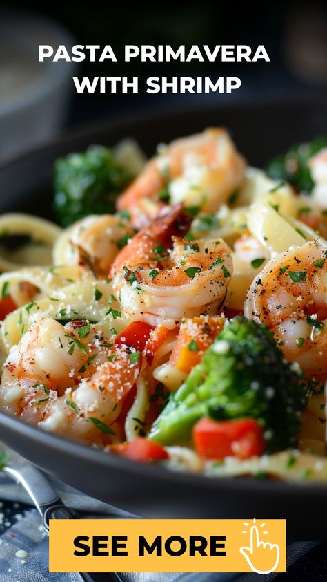 Indulge in a flavorful meal with this delicious Pasta Primavera with Shrimp recipe. The combination of tender shrimp and fresh vegetables tossed in a savory sauce creates a dish that is both light and satisfying. A perfect choice for a quick weeknight dinner or when you just want to treat yourself to something special. Try making this dish at home and enjoy the exquisite flavors melting in your mouth! Shrimp Pasta Recipes With Vegetables, Shrimp Pasta With Vegetables, Shrimp Pasta With Veggies, Shrimp Tagliatelle Recipe, Shrimp Pasta Sauce Recipes, Shrimp And Pasta Dishes, Shrimp Pasta Primavera Recipes, Make Ahead Shrimp Recipes, Pasta Primavera With Shrimp