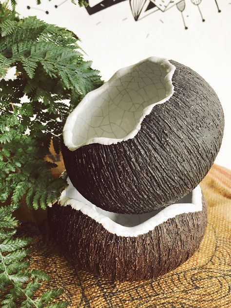 Handmade ceramic coconut bowl Ceramic Coconut Bowl, Coconut Clay Bowl, Bowl Designs Ceramic, Ceramic Coconut, Clay Bowl Ideas, Pottery Bowl Ideas, Ceramic Bowl Ideas, Clay Coconut, Textured Bowls