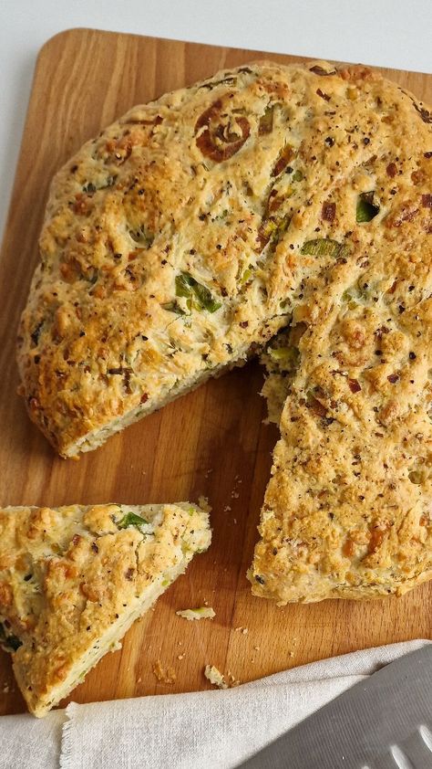 Cheese & Leek Bread We used to call this 'Herb Bread' when I was a kid. It's basically a giant scone that we used to eat warm and buttered… | Instagram Cheese And Leek Bread, Cheese And Leek Herb Bread, Leek Bread, Starters Snacks, Easy Monkey Bread, Self Raising Flour, Bread Rolls Recipe, Savory Scones, Herb Bread