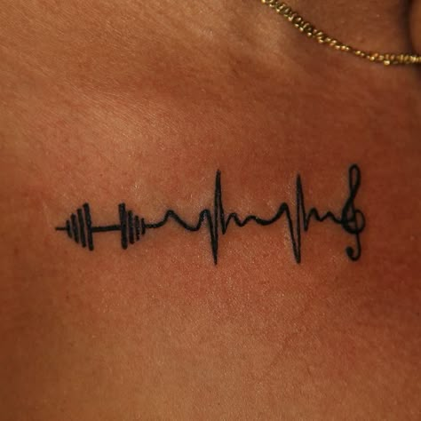 Thumbprint Heartbeat Tattoo, Gym Inspired Tattoos, Gym Tattoo Ideas For Women, Gym Related Tattoos, Fitness Tattoo Ideas For Women, Barbell Tattoos, Kettlebell Tattoo, Relentless Tattoo, Barbell Tattoo