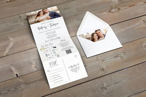 Tri Fold Wedding Invitations, Folded Wedding Invitation, Mountain Wedding Invitations, Rsvp Postcard, Photo Wedding Invitations, Photo Invitations, Photo Wedding, Wedding Invitation Paper, Wedding Invitation Suite