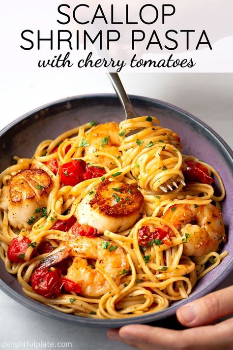 Scallop And Shrimp Pasta, Scallop Recipes Pasta, Shrimp And Scallop Recipes, Burst Cherry Tomatoes, Burst Tomatoes, Pasta With Cherry Tomatoes, Scallop Pasta, Fancy Date Night, Fancy Date