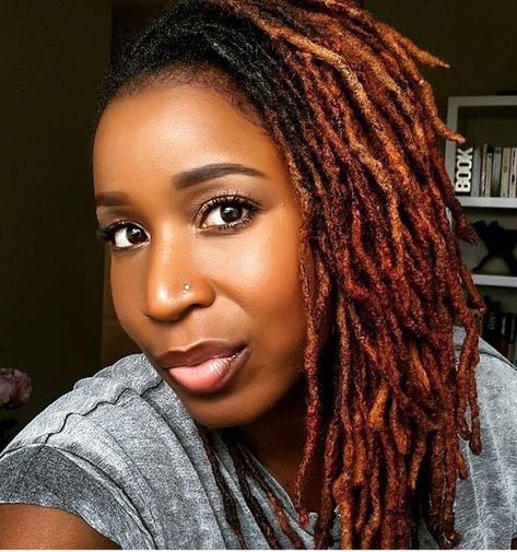 Loving the hair color... Hair goals! Loc Ombre Color, Fall Loc Hair Colors, Fall Color Locs, Color For Locs, Hair Color On Locs, Loc Hair Color Ideas, Locs Color Ideas Black Women, Colored Dreads, Loc Nation