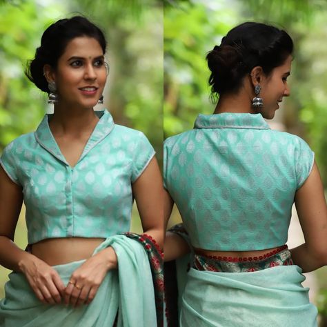 Image may contain: 2 people, people standing Blouse Back Designs, Neck Blouse Designs, Stand Collar Blouse, Blouse Designs High Neck, Cotton Blouse Design, Saree Blouse Neck Designs, Backless Blouse Designs, Lehenga Blouse Designs, Blouse Back