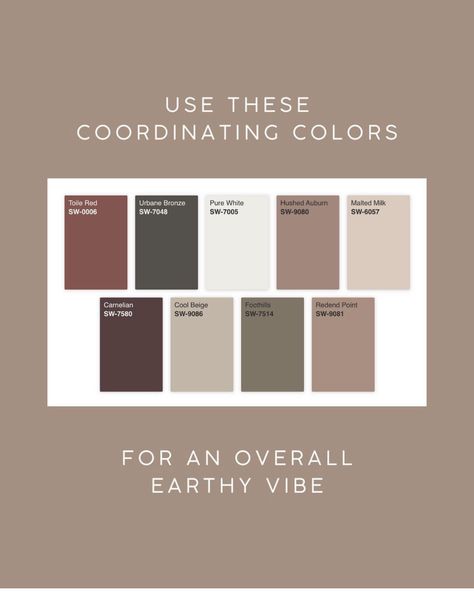 Earthy Interior Color Palette, Earthy Color Schemes Colour Palettes, Powder Room Color Palette, Sw Dusted Truffle, Modern Tuscan Color Palette, Cohesive Paint Colors Home, Home Office Color Scheme Cozy, Classy Paint Colors, Inkwell Color Palette