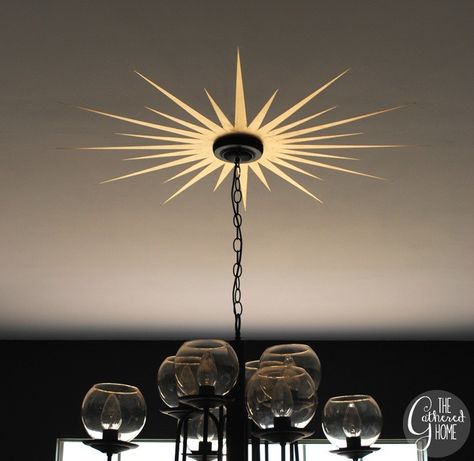 dining-room-midcentury-chandelier-honefoss-mirrors-26 Starburst Ceiling Medallion, Painted Ceiling Medallion Ideas, Ceiling Medallion Ideas, Ikea Honefoss, Starburst Decor, Painted Ceiling Medallion, Statement Backsplash, Origami Lamps, Dining Room Updates