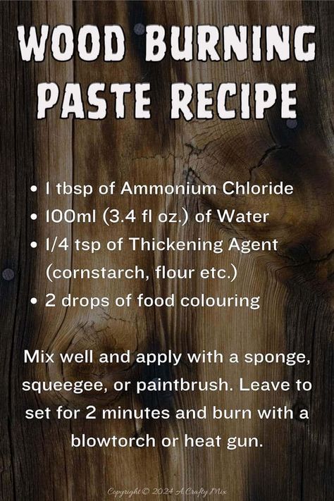 Scorch Paste Recipe, Wood Burning Paste Recipe, How To Make Wood Look Distressed, Japanese Burned Wood Finish, Wood Burning Gel Recipe, Wood Burning Ideas Gifts Diy Projects, Wood Burning Paste Diy, Wood Burning Projects Ideas, Wood Burning Tips And Tricks