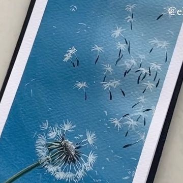 Dandelion Bookmark, Dandelions Painting, Painting Cottagecore, Dandelion Painting, Gouache Color, Painting Gouache, Flower Bookmark, Gouache Art, Sky Painting