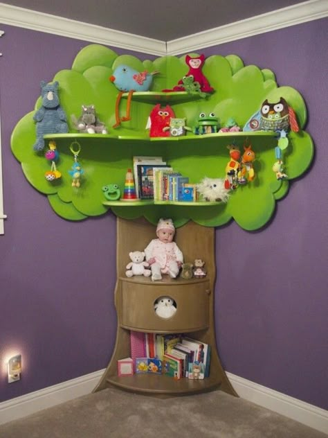 Kids Room Shelves, Playroom Mural, Tree Bookcase, Tree Shelf, Tree Bookshelf, Tree Top, Toy Rooms, Playroom Ideas, Kids Room Design