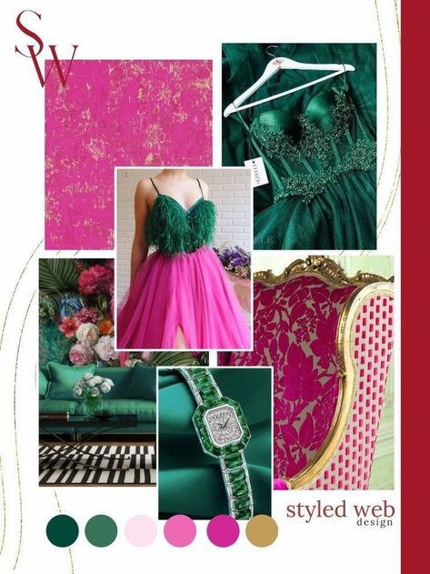 These rich colors - Emerald green, Fuchsia, Hot pink & Beige are perfect combo for a luxury brand. Save this Fuchsia color palette scheme for later | Fuchsia color combination | Pink color palette schemes | Mood Board Inspiration for women | Branding Inspiration | Brand board Ideas | Fuchsia, Magenta, Green, Yellow & Blue | Vibrant colors | Web Design Color Palette Schemes Colors That Go With Hot Pink, Fuschia Color Palette, Pmu Branding, Fuchsia Color Palette, Emerald Color Palette, Hot Pink Color Palette, Women Branding, Web Design Color, Pink Color Combination