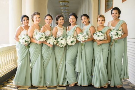 Bridal Party Sage Green, Sri Lankan Bridesmaids, Indian Bridal Party, Bridesmaid Sarees, South Indian Wedding Saree, Rust Bridesmaid Dress, Indian Bridesmaid Dresses, Indian Bridesmaids, Dreamy Wedding Dress