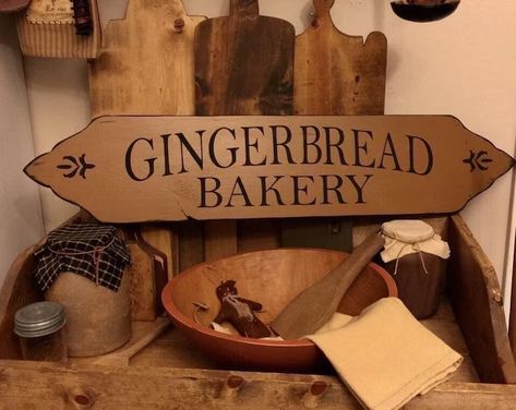 Gingerbread Bakery Sign Christmas Sign Primitive Christmas - Etsy Canada Wooden Kitchen Items, Bakery Signs, Farmhouse Christmas Kitchen, Gingerbread Bakery, Primitive Country Christmas, Bakery Sign, Christmas Country, Primitive Kitchen Decor, Gingerbread Christmas Decor