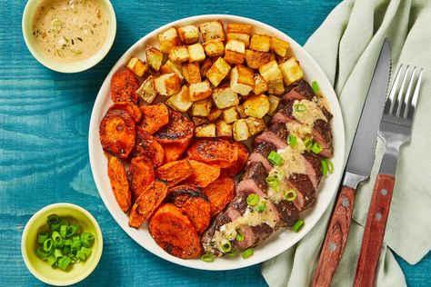 Hellofresh Meals, Roasted Potatoes Carrots, Hellofresh Recipes, Mushroom Cream Sauce, Roasted Potatoes And Carrots, Carrot Cream, Mushroom Cream Sauces, Fresh Meals, Cream Sauce Recipes