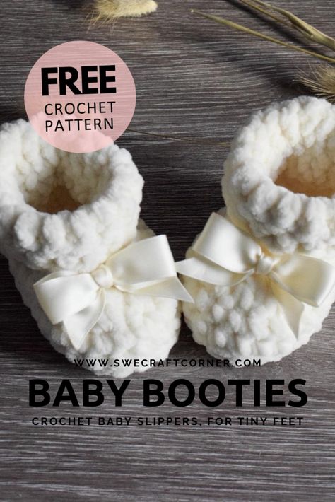 FREE crochet pattern – Baby booties | Swecraftcorner Crochet Baby Booties Free Pattern, Funky Crochet, Crochet Baby Projects, Baby Booties Free Pattern, Crochet Baby Gifts, Crochet Baby Booties Pattern, Crochet Baby Boots, Crochet Baby Shoes Pattern, Baby Shoes Pattern