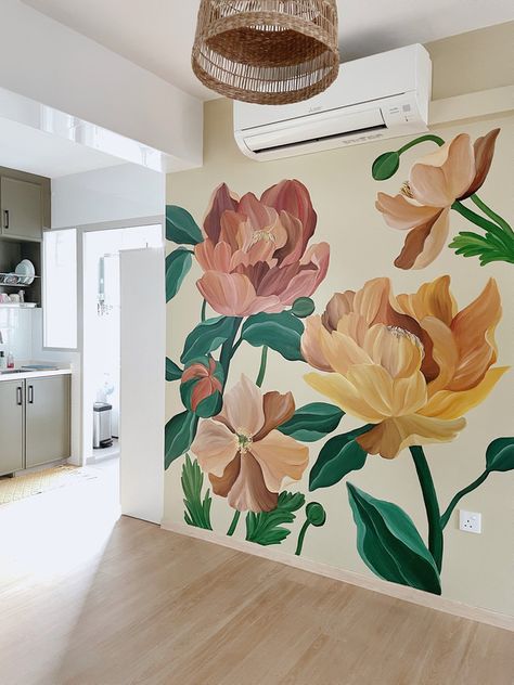 Flower Mural Bathroom, Floral Wall Mural Painting, Peony Mural, Fun Mural, Dining Room Mural, Desert Sunset Art, Floral Murals, Wall Painting Flowers, Dining Room Murals