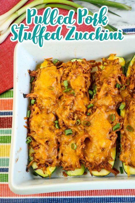 Zucchini Boats with Pulled Pork with tangy BBQ sauce, tender zucchini and gooey cheese are the perfect weeknight meal for the whole family. via @jugglingactmama Pulled Pork Zucchini, Pulled Pork Zucchini Boats, Best Pork Roast Recipe, Shredded Pork Recipes, Leftover Pork Tenderloin, Bbq Hamburgers, Zucchini Boat Recipes, Green Diet, Pulled Pork Leftovers