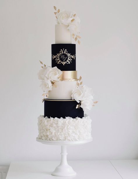 Cotton And Crumbs, White And Gold Wedding Cake, Black And White Wedding Cake, Black Gold Wedding, Black Wedding Cakes, Luxury Wedding Cake, White Wedding Cakes, Simple Wedding Cake, Modern Wedding Cake