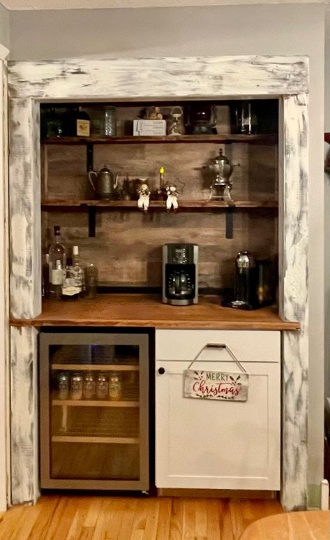 This was a closet off our kitchen that we turned into a coffee bar. Coffe Closet, Cubby Bar Ideas, Home Library With Coffee Bar, Pantry Converted To Coffee Bar, Coffee Bar In Closet Ideas, Coffee Bar Closet Ideas, Coffee Closet Ideas, Closet Turned Butlers Pantry, Coffee Bar In A Closet