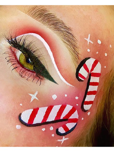 Christmas Makeup Candy Cane, Christmas Tree Eye Makeup, Easy Christmas Eye Makeup Ideas, Pink Christmas Makeup, Christmas Eyeliner, Christmas Elf Makeup, Candy Cane Makeup, Christmas Eyeshadow Looks, Festival Eye Makeup