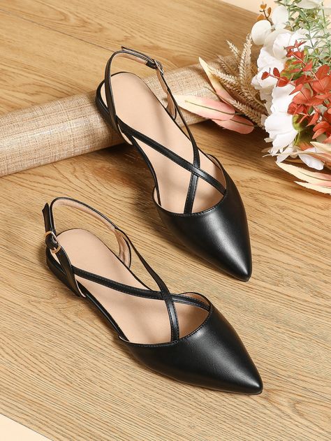 Minimalist Point Toe Slingback Flats Flat Elegant Shoes, Black Synthetic Pointed Toe Flats For Office, Black Almond Toe Lace-up Shoes For Business Casual, Black Pointed Toe Leather Shoes For Semi-formal Occasions, Stylish Flats For Women, Flats Shoes Dressy, Black Slip-on Pointed Toe Flats For Casual Wear, Pointy Flat Shoes, Black Slip-on Pointed Toe Flats For Office