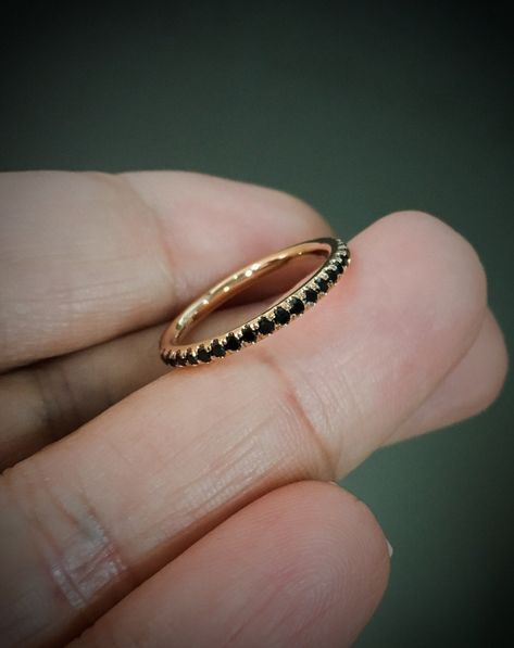 Half Eternity Micro Pave Band with Natural Black Diamonds. MaterialSolid Gold 10K/14K/18K or Platinum 950 FinishingHigh Polished/ Shiny PlatingRhodium/ Platinum Family (Only if white gold selected) FitComfort/ Rounded Interior Width1.5mm Height1.5mm SettingU Micro Pave (Reminds the letter "U" from sides) StoneGenuine Diamonds ColorBlack       QualityAAA Total Carat Weightover 0.30ct Quantity of Stones19 to 22 (varies by ring size) Click below to add laser engraving. https://www.etsy.com/listing/ Wedding Band Stack, Micro Pave Band, Infinity Wedding Band, Infinity Wedding, Stacked Wedding Bands, Ring Pop, Diamond Eternity Band, Gold Rings Fashion, Pave Band