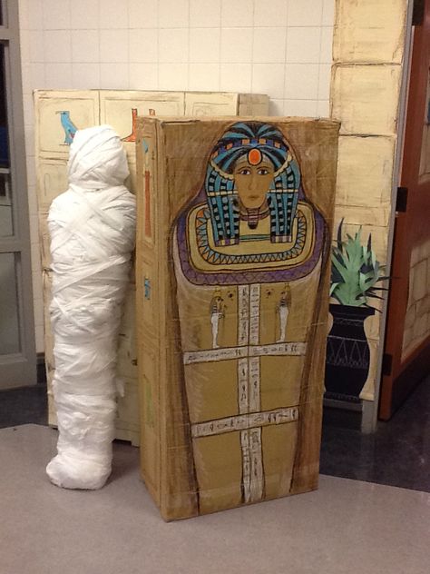 Here's part of the Egyptian display outside the art gallery. I used a big box to create a sarcophagus for the mummy Diy Sarcophagus, Ancient Egypt Display, Egypt Vbs, Ancient Egypt Activities, Ancient Egypt Unit, Egyptian Halloween, Egypt Activities, Egyptian Crafts, Ancient Egypt Projects