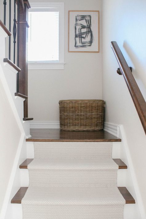 Home DIY Styling | House of Hire Stair Runner New Build, Flooring For Stairs And Landing, Stair Runner Split Level, How To Style Stair Landing, White Steps With Runner, Runner Down Stairs, Stair Runner Farmhouse, Stair Landing Flooring Ideas, Beach House Stair Runner