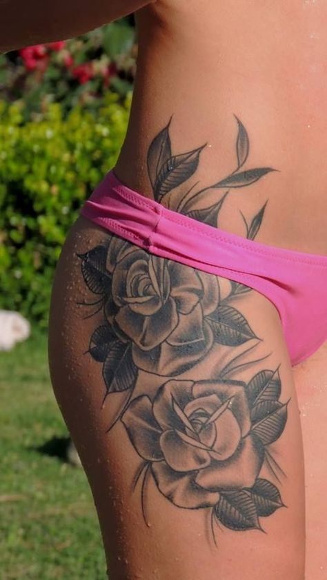 Rose Tattoo On Leg For Women, Rose Tattoo On Hip, Thigh Tattoo Ideas, Side Thigh Tattoos, Tattoo Ideas Inspiration, Tattoos Pinterest, Hip Thigh Tattoos, Cute Hand Tattoos, Beautiful Tattoos For Women