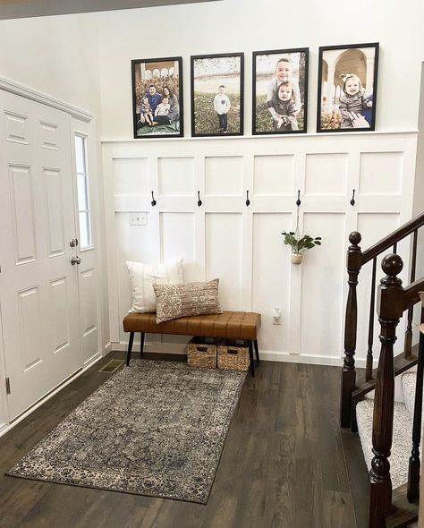 Long Hall Entryway, Tall Entryway Wall Ideas, Tall Entry Way Ideas, Entryway Ideas Long Entry Hall, Entryway Open Concept, Front Entryway Ideas With Stairs, Beadboard Ideas, Modern Fireplace Ideas Living Rooms, Mudroom Remodel