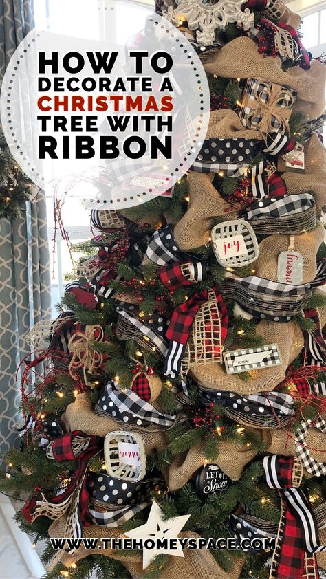 Burlap Ornaments Christmas, Rustic Christmas Tree With Ribbon, Christmas Tree With Burlap Garland, Christmas Trees With Burlap Ribbon, Christmas Tree Burlap Ribbon, Layering Ribbon On Christmas Tree, Burlap Tree Decorations, How To Decorate A Tree With Ribbon, How To Put Garland On Christmas Tree