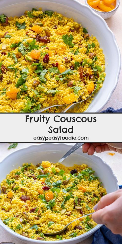 This Fruity Couscous Salad is wonderful combination of couscous, dried fruit, pistachios and fresh herbs, finished with a simple lemon, turmeric and cinnamon dressing. So quick and easy to make but unbelievably delicious! Perfect for picnics, barbecues, potlucks and buffets. (Serves 4-8, depending on appetite and accompaniments.) Fruity Couscous Recipe, Alternative Salads, Moroccan Couscous Salad, Cinnamon Dressing, Giant Couscous, Couscous Dishes, Couscous Salad Recipes, Moroccan Couscous, Vegetarian Salad