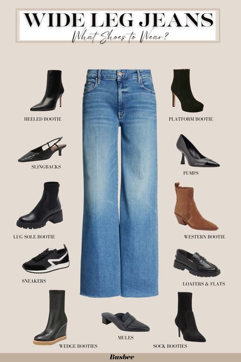 An Easy & Complete Guide to What Shoes To Wear with Jeans Jeans For Boots Women, Baggy Jeans Wide Leg, Shoes To Wear Wide Leg Jeans, Shoes With Wide Leg Jean, What Footwear To Wear With Jeans, Wide Denim Jeans Outfit, Wide Leg And Boots, Shoes For Wide Jeans, Wide Leg Jeans Women Outfit