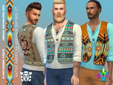 Created by SimmieV! | Native American Heritage Day November 27th Ts4 Native American Cc, Sims 4 Native American, Sims 4 Native American Cc, Native American Heritage Day, Native American Headband, Native American Vest, Indian Braids, Sims 4 Decades Challenge, Heritage Day