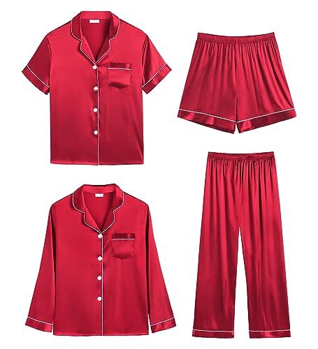 SWOMOG Womens Silk Satin Pajamas Set 4pcs Sleepwear Button Down Loungewear Pjs Satin Pajamas Set, Satin Pjs, Pjs Set, Satin Pj Set, Silk Sleepwear, Silk Pajama Set, Top Hits, Striped Pyjamas, Silky Fabric