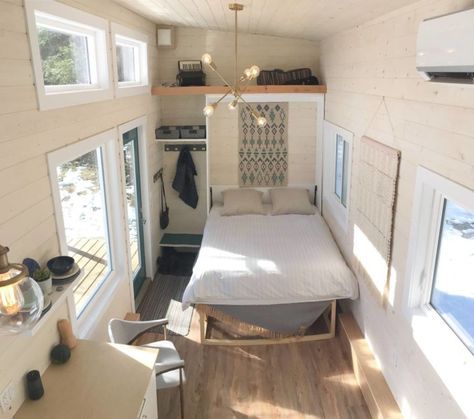 28-Foot Scandinavian Tiny House w/ Murphy Bed For Sale Tiny House With Murphy Bed, Tiny Home Murphy Bed, Tiny House Lounge Room, Murphy Bed In Tiny House, Tiny House Queen Bed, Tiny House Murphy Bed Ideas, Murphy Beds For Small Spaces, Ikea Murphy Bed, Tiny House Murphy Bed