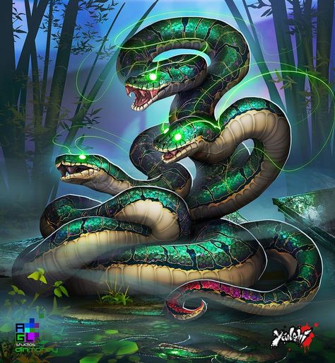 Yanshi: Three Headed Serpent by dinmoney snake hydra swamp forest monster beast creature animal | Create your own roleplaying game material w/ RPG Bard: www.rpgbard.com | Writing inspiration for Dungeons and Dragons DND D&D Pathfinder PFRPG Warhammer 40k Star Wars Shadowrun Call of Cthulhu Lord of the Rings LoTR + d20 fantasy science fiction scifi horror design | Not Trusty Sword art: click artwork for source Snake Art, Call Of Cthulhu, Happy Paintings, Arte Animal, Cthulhu, Creature Art, Painting Kits, Snakes, Fantasy Creatures